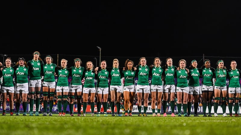 The Ireland team during the playing of the national anthem ahead of the Women's Six Nations Rugby Championship match between Ireland and France in 2019. Photo By Ramsey Cardy/Sportsfile via Getty Images