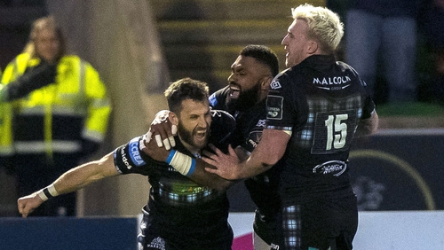 Glasgow's Tommy Seymour celebrates his try