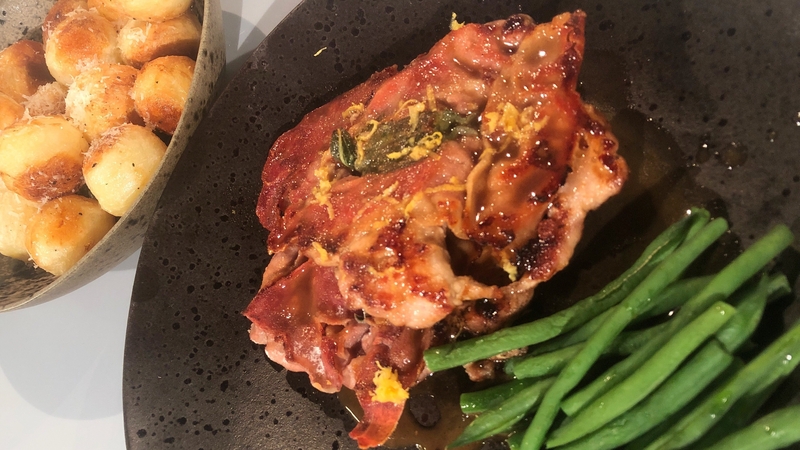 Karen's Pork Saltimbocca with Parmesan Roasties & Green Beans