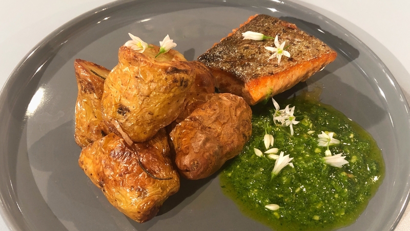 JP Mc Mahon's Panfried Trout with Wild Garlic & Hazelnut Pesto, Pink Fir Potatoes