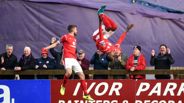 Romeo Parkes goes for a spectacular goal celebration against Dundalk