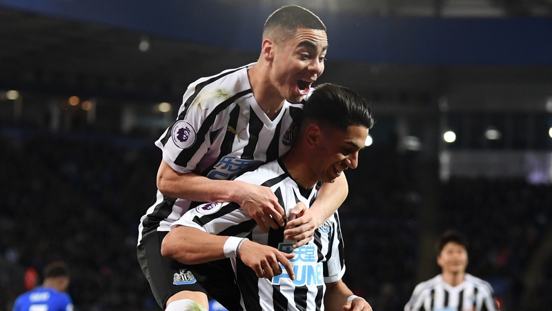 Ayoze Perez celebrates his decisive goal with team-mate Miguel Almiron