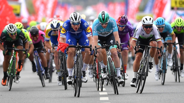 Sam Bennett, pictured here in the light blue leader's jersey, getting pipped on the line in Turkey