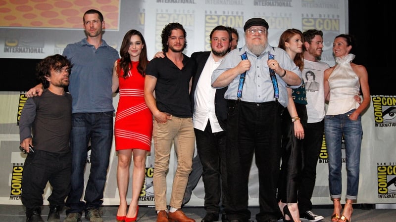 Peter Dinklage, writer/producer D.B. Weiss, Emilia Clarke, Kit Harington, John Bradley, Jason Momoa, George R.R. Martin, Rose Leslie, Richard Madden and Michelle Fairley in 2013