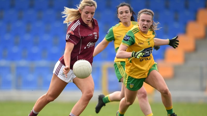 Megan Glynn of Galway in action against Niamh Carr of Donegal
