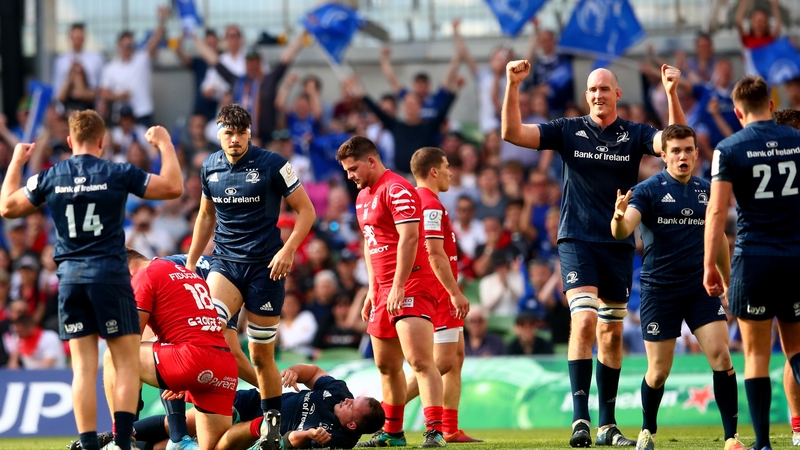 Leinster players celebrate at the final whistle