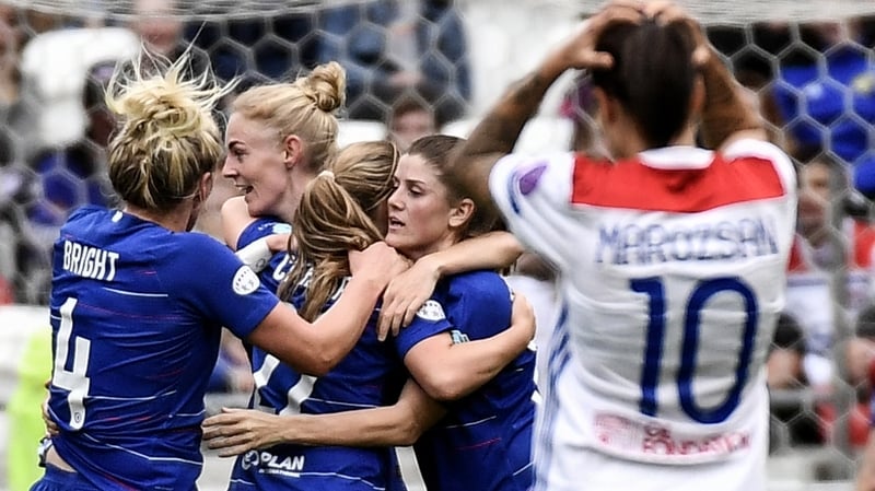 Chelsea's Scottish forward Erin Cuthbert (C) celebrates her goal