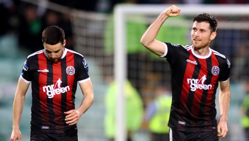 Dinny Corcoran (R) celebrates scoring the only goal of the game at Tallaght Stadium