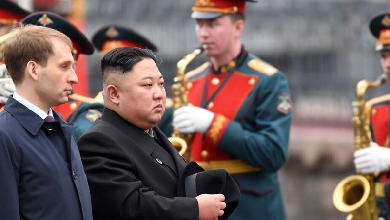 North Korean leader Kim Jong-un at a welcoming ceremony in Vladivostok