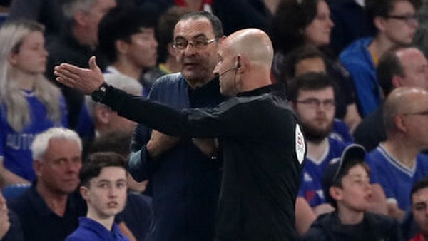 Chelsea manager Maurizio Sarri is sent to the stands