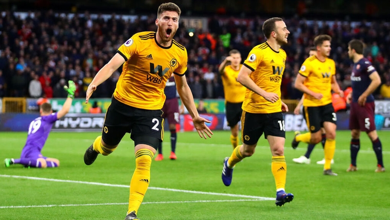 Matt Doherty celebrates his first-half goal against Arsenal