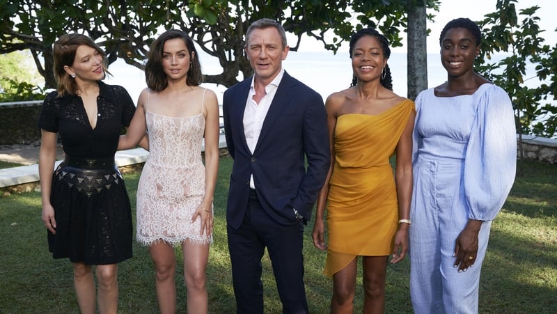 (L-R) Léa Seydoux, Ana de Armas, Daniel Craig, Naomie Harris and Lashana Lynch at the launch at Ian Fleming's home GoldenEye in Montego Bay, Jamaica