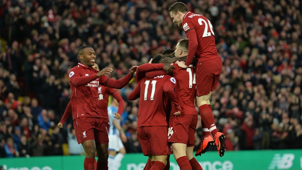 Liverpool players celebrate Naby Keita's opener