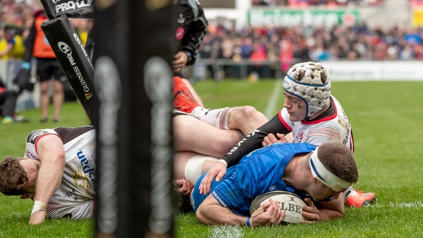 Fergus McFadden slides over for Leinster's second try against Ulster at Kingspan Stadium