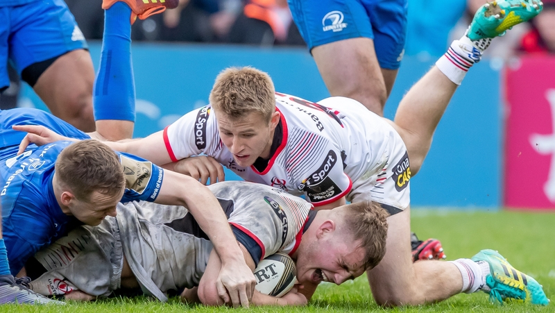 Replacement Marcus Rea crosses for Ulster's second try against Leinster at Kingspan Stadium