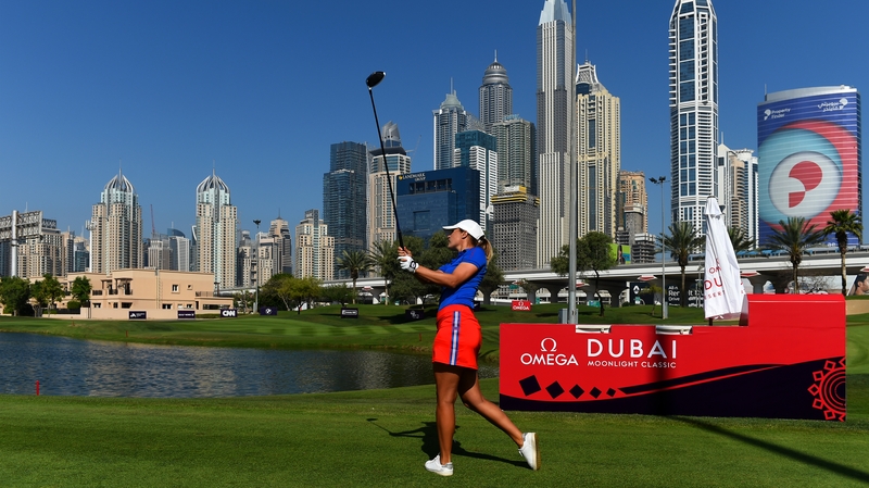 Camilla Lennarth of Sweden tees off at the ever-impressive Emirates Golf Club complete with Dubai skyline in the background