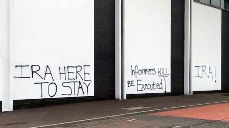 The graffiti and signs appeared this morning in the Creggan area