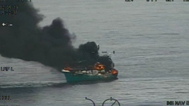 The Suzanne 2 caught fire about 29 miles east of Arklow (Pic/video: Irish Coast Guard)