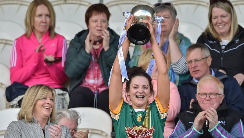 Meath captain Maire O'Shaughnessy lifts the Division 3 cup