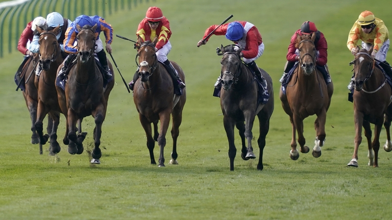 Wayne Lordan riding Hermosa (3L, blue cap)