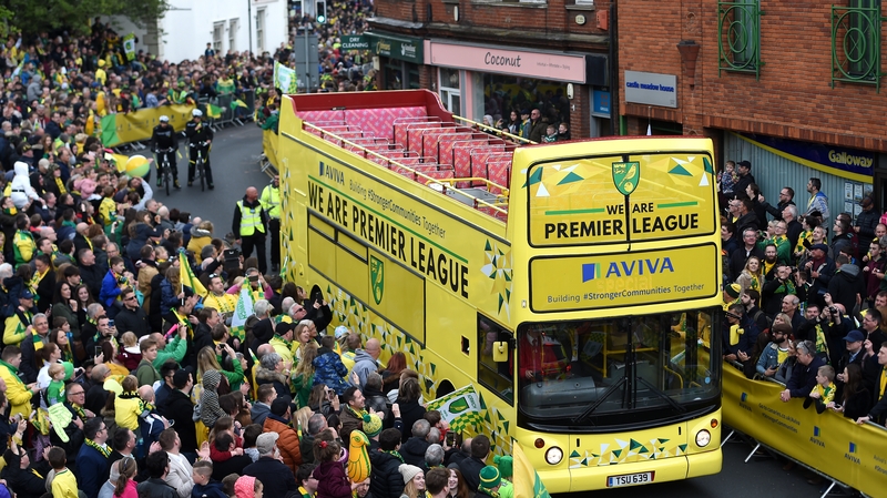 The Norwich City team bus ahead of the promotion parade