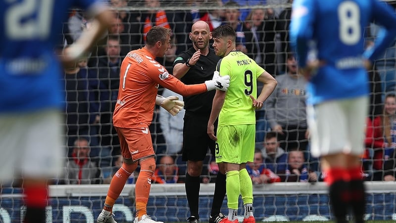 Allan McGregor is dismissed against Hibernian after kicking out at Marc McNulty