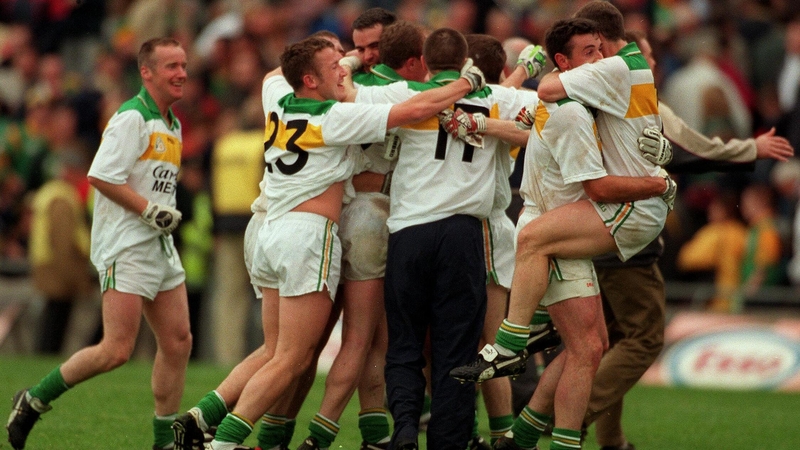 Offaly players celebrate at the end of the game against Meath