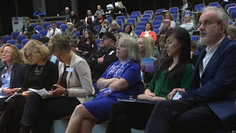 Carmel McDonnell Byrne, Chairperson of the Christine Buckley Centre (in blue) flanked by other speakers at the conference. Like the late Ms Buckley, she is a survivor of the Goldenbridge Orphanage in Dublin, which was run by the Sisters of Mercy