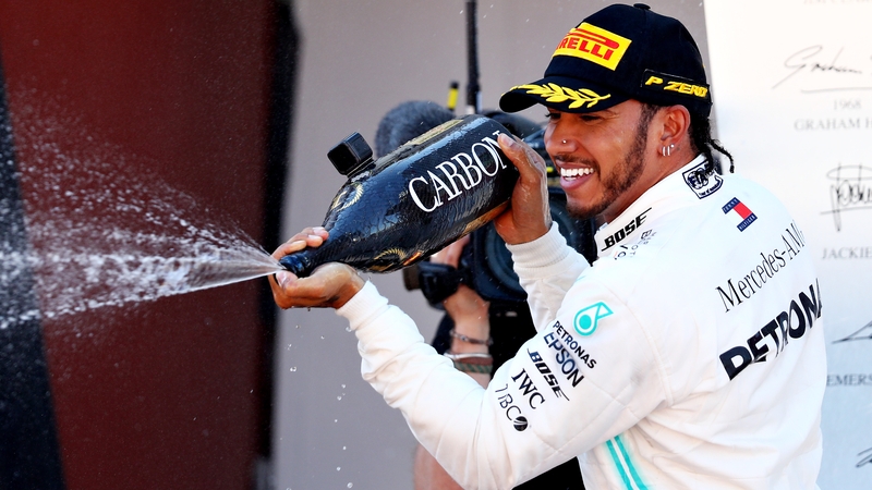 Lewis Hamilton celebrates his victory in Barcelona