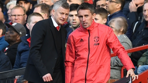 Ole Gunnar Solskjaer (L) with first-team coach Kieran McKenna