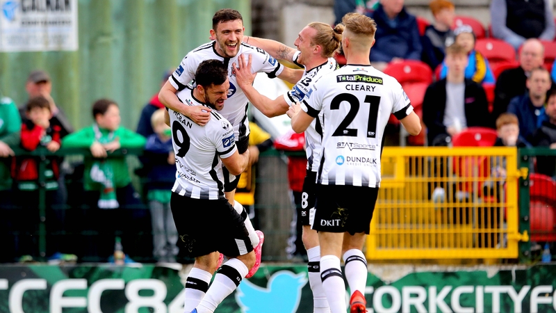 Dundalk players celebrate the opening goal at Turner's Cross