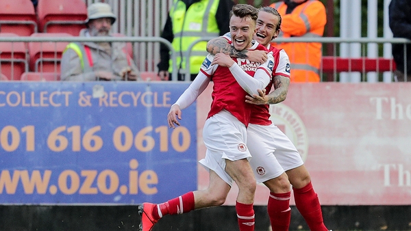 Darragh Markey celebrates scoring with Rhys McCabe