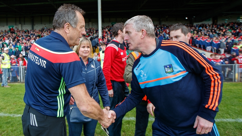 John Kiely shakes hands with Cork's John Meyler after the game