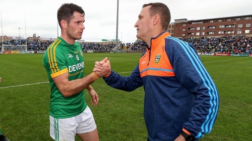 Donal Keoghan and Andy McEntee celebrate after the game