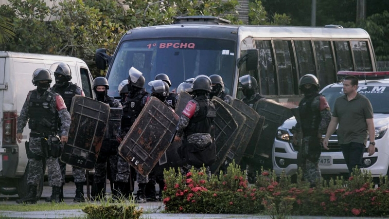 Brazilian riot police outside the Puraquequara Prison facility in Manaus