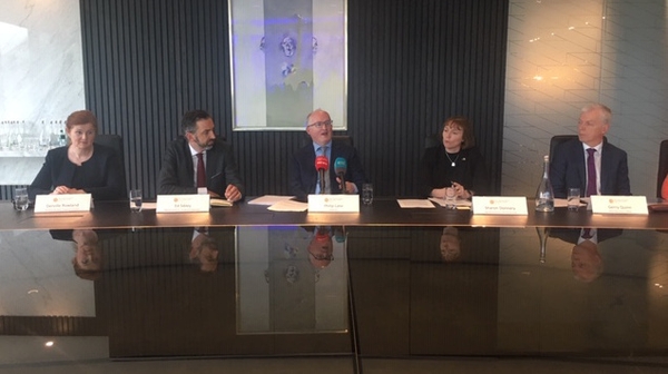 Outgoing Central Bank Governor Philip Lane (pictured in the middle) said much of the bank's time and resources over the last year have been focused on Brexit