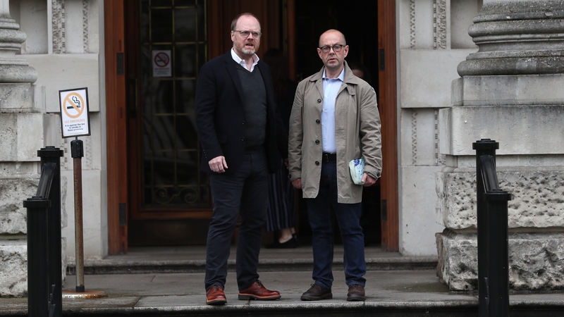 Trevor Birney (L) and Barry McCaffrey outside the court in Belfast