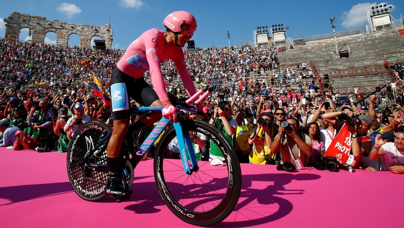 Overall race winner Team Movistar rider Ecuador's Richard Carapaz