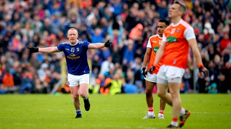 Cavan's Cian Mackey celebrates his equaliser against Armagh