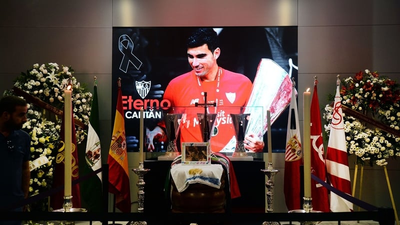 The coffin with the remains of Spanish football player Jose Antonio Reyes is pictured during the wake at the Ramon Sanchez Pizjuan stadium