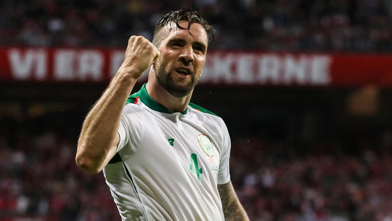 Shane Duffy celebrates heading home the equaliser in Copenhagen