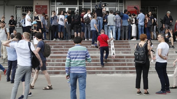 Supporters of Ivan Golunov gather near Nikulinsky court for his pre-trial hearing in Moscow