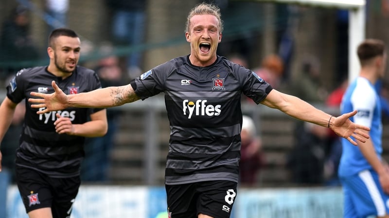 John Mountney celebrates Dundalk's second goal at Finn Park