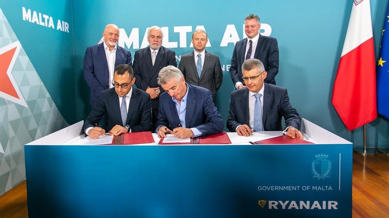 Konrad Mizzi, Government of Malta, Ryanair CEO Michael O'Leary and Malta Air Travel Ltd's Paul Bugeja pictured at today's announcement
