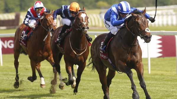 Mustashry ridden by Jim Crowley (R) winning The Al Shaqab Lockinge Stakes last month