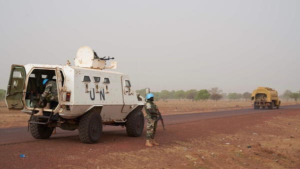 MINUSMA soldiers patrol the road between Mopti and Djenne in central Mali