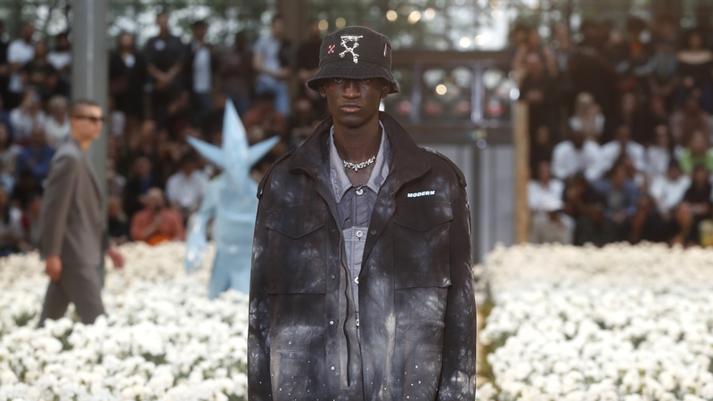 A model wears a creation for the Off White men's Spring-Summer 2020 fashion collection.