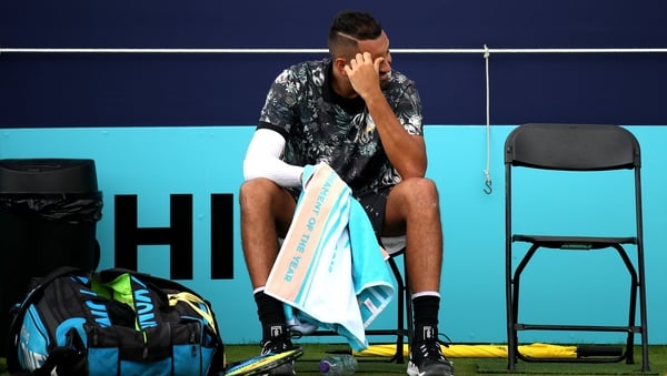Kyrgios launched an expletive-laden rant at umpire Fergus Murphy after missing a set point against Carballes Baena, claiming the Spaniard had double-faulted