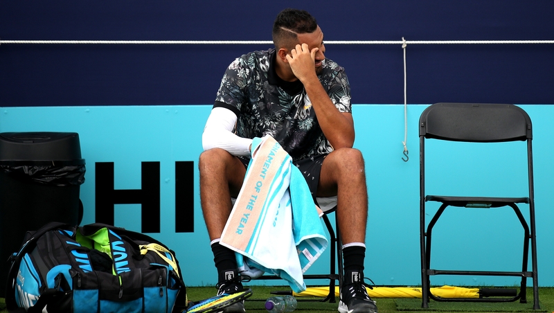Kyrgios launched an expletive-laden rant at umpire Fergus Murphy after missing a set point against Carballes Baena, claiming the Spaniard had double-faulted