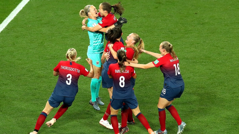 Norway players celebrate their penalty shoot-out victory over Australia